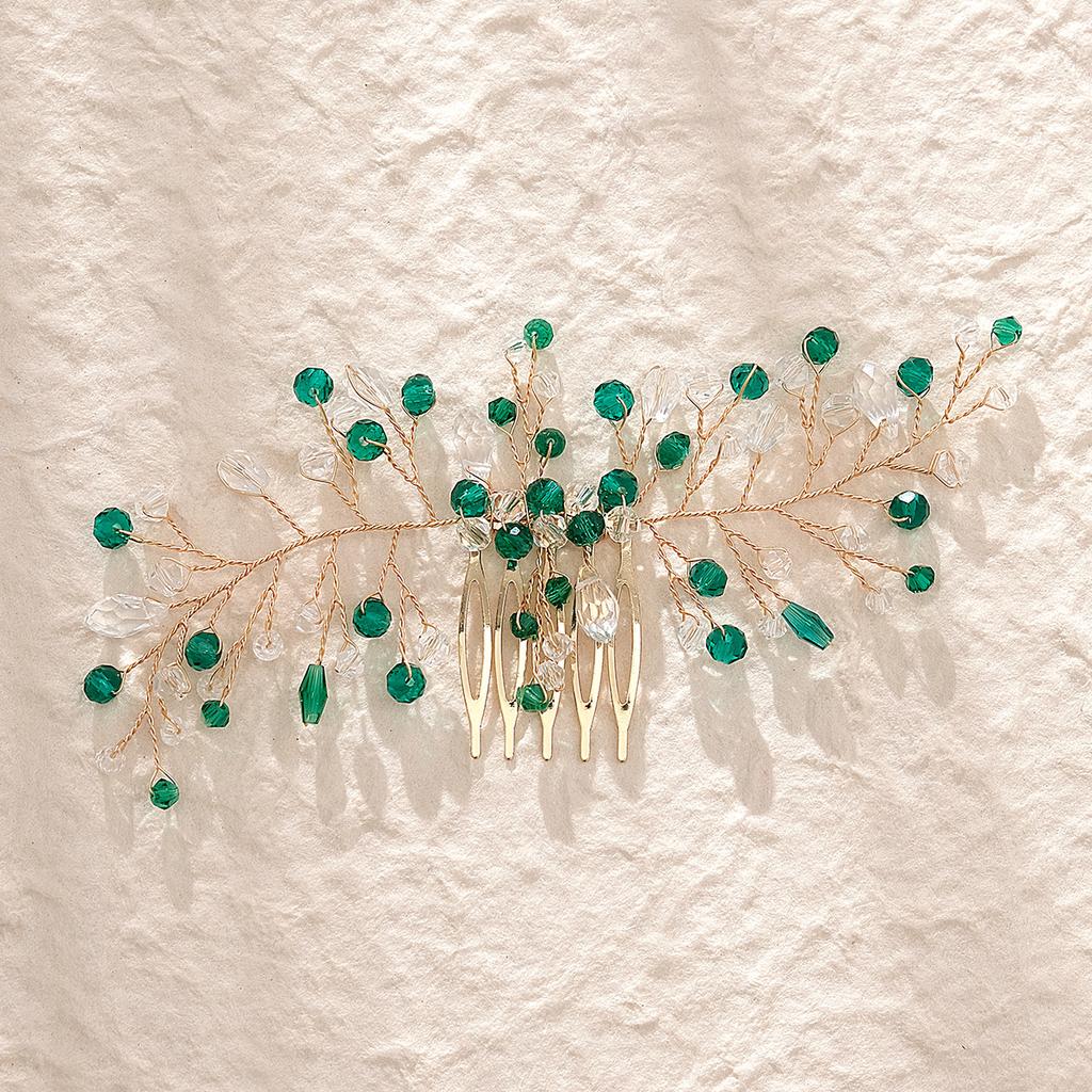 Ретро Сплав Стразы Заглушка Гребень Ручной Работы Лист Зеленый Кристалл Головной Убор Антикварные Украшения Ханфу Свадебный Гребень для Волос