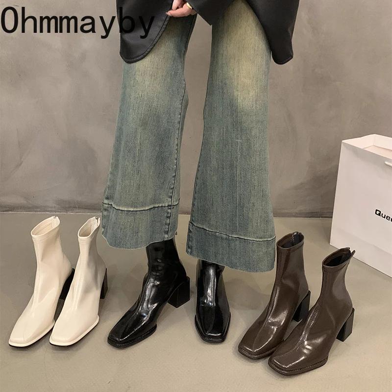 Fashion Women Ankle Boots Fashion Square Toe Back Zippers Shoes Vintage Square Heels Autumn Winter Ladies Short Booties