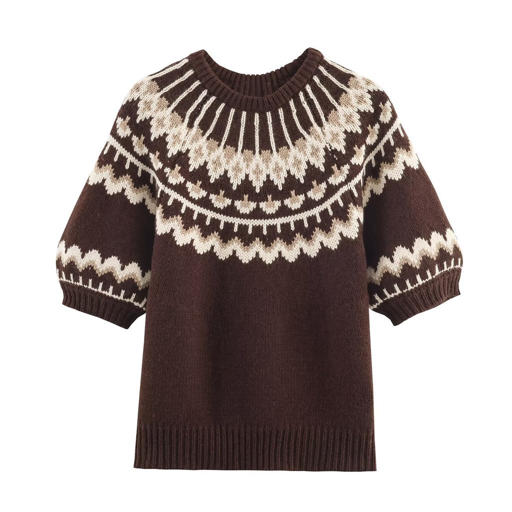 European and American style, new women's clothing, foreign style jacquard short-sleeved knitted sweater 3920/089/087