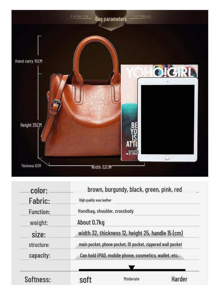 2024 Новая европейская и американская мода Женская сумка из масляной кожи - Простая универсальная сумка через плечо и кроссбоди