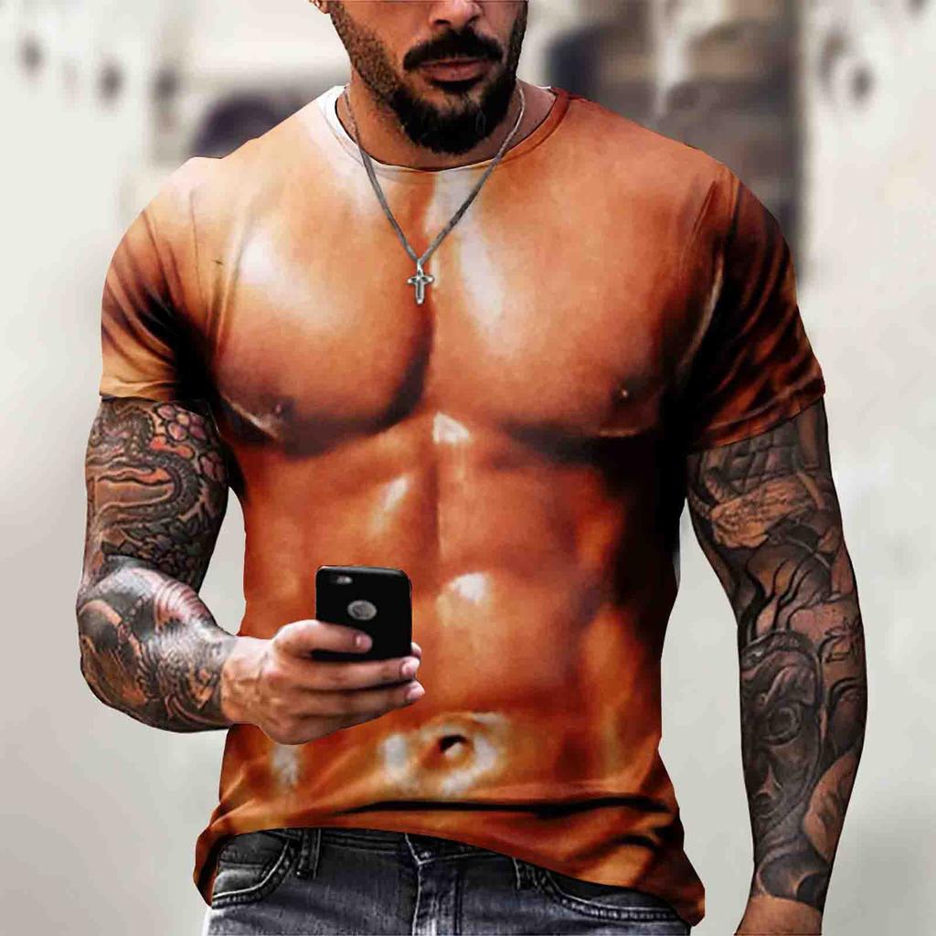 Men's Short Sleeve Muscle 3d T-shirt Abdominal Muscle Casual Pullover Short Sleeve Top