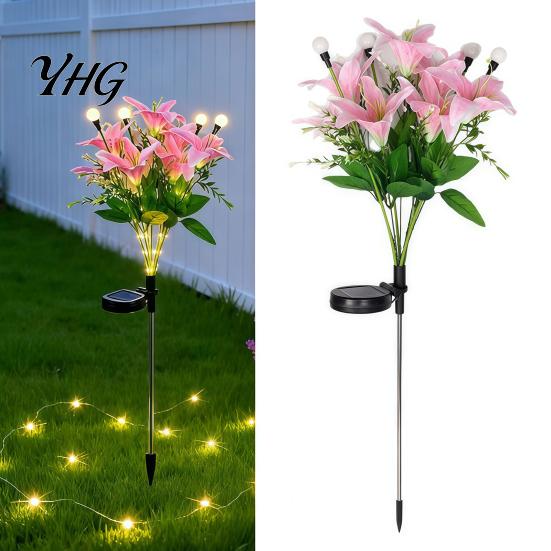 Solar Garden Lights Outdoor Waterproof 2Pcs Artificial Flower Lights, Lily Bamboo Wisteria Stake Warm White Firefly Pathway Lighting Powered for Yard