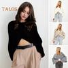 Women Sweater O-Neck Batwing Long Sleeve Solid Color Loose Fit Knitting Tops Exposed Navel Irregular Cross Sweater