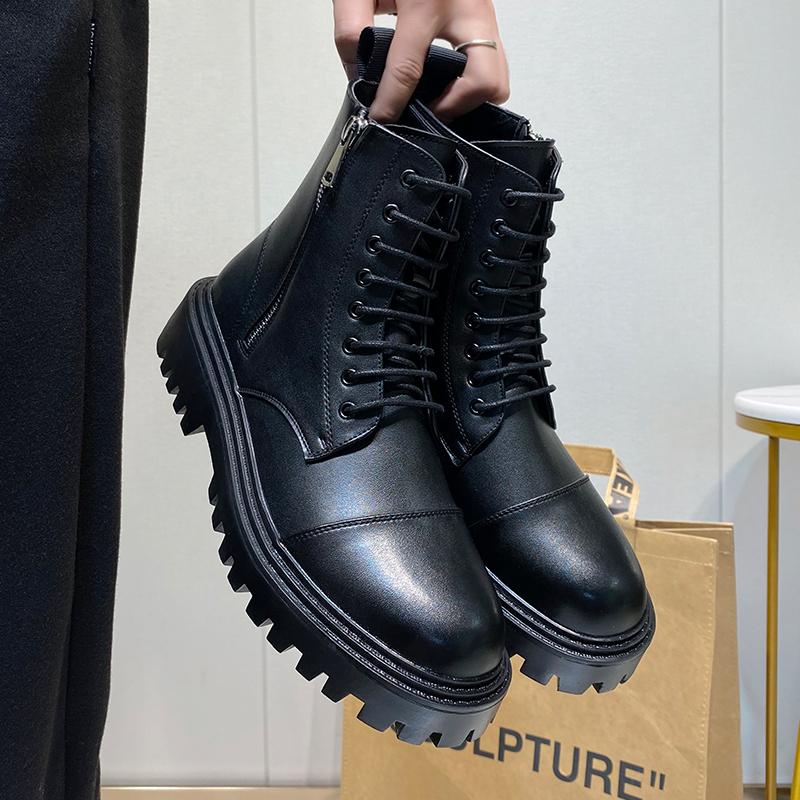 Мужские ботинки с толстой подошвой, кожаные ботинки класса люкс с боковой молнией, модные высокие мотоциклетные ботинки для мужчин, рабочие ботинки, повседневные ботинки