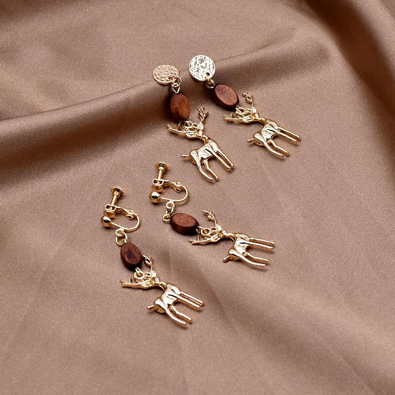 Ретро Японские Деревянные Серьги с Оленями – Рождественские Пусеты и Подвески, Клипсы без прокола