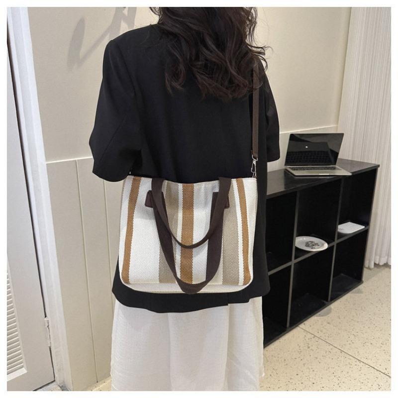 Big Bag Women's Fashion Striped Canvas Commuter Tote Stylish One-shoulder Crossbody Mommy Bag
