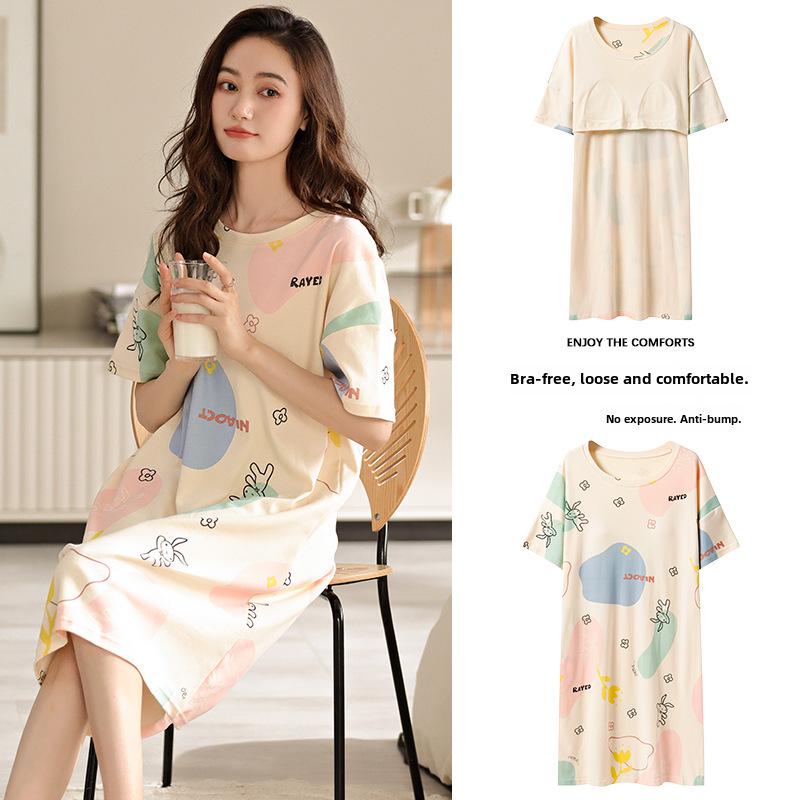 Женская летняя пижама 2023 года с короткими рукавами и нагрудными подушечками — легкий хлопковый комплект домашней одежды с антивыпуклыми точками для комфортного сна.