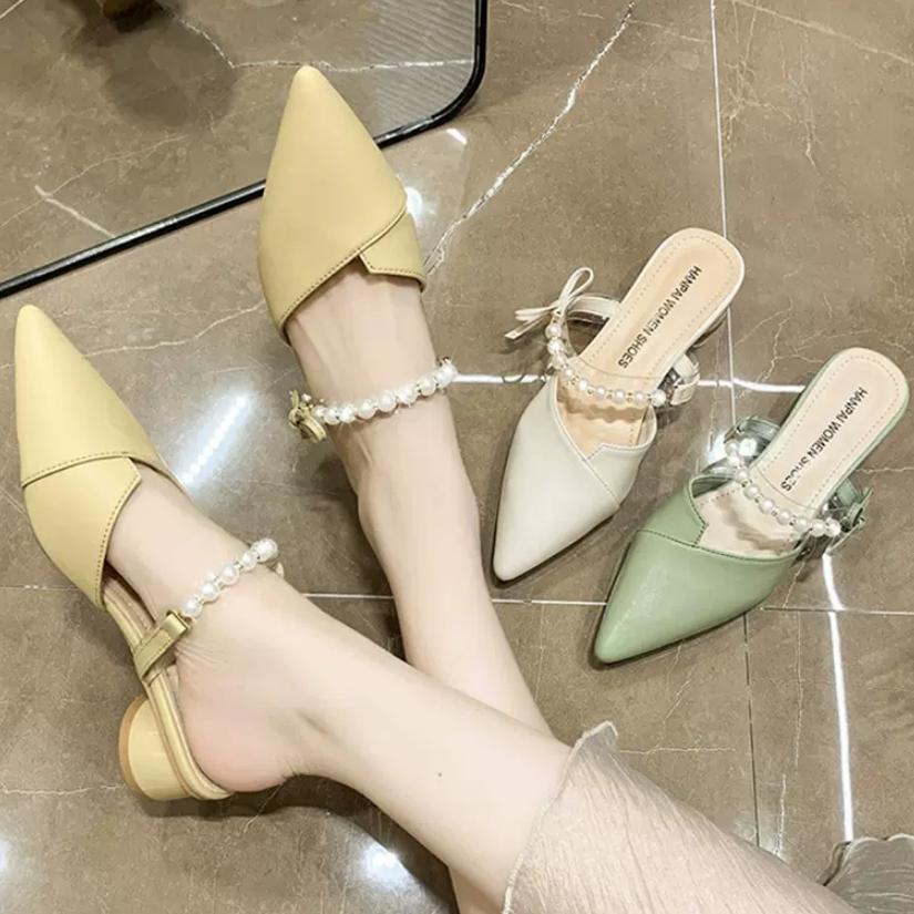 2024 New Summer Wear Fashion Pearl Pointed Toe Chunky Heel Fairy French Sandals High Heels Women Shoes Pumps