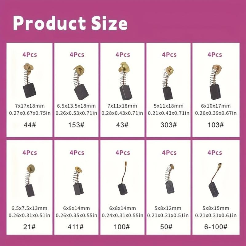 Набор из 40 штук угольных щеток 10 моделей, пропитанных медью, для ремонта электродвигателей промышленного оборудования