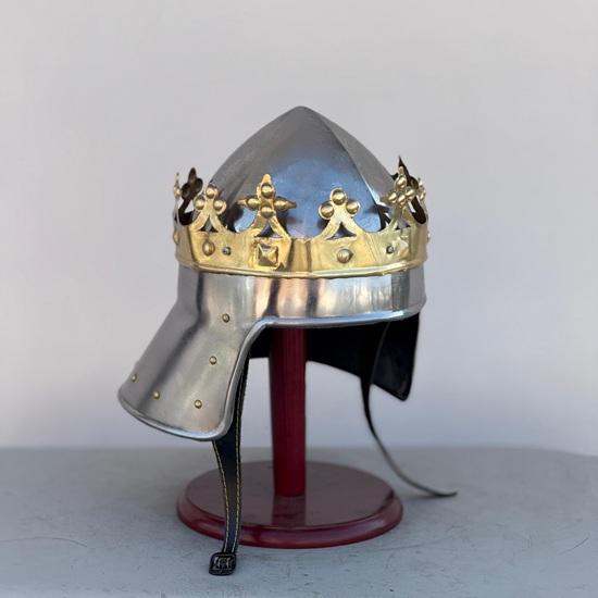 Handmade Steel King Helmet with Brass Crown, Display Stand Included