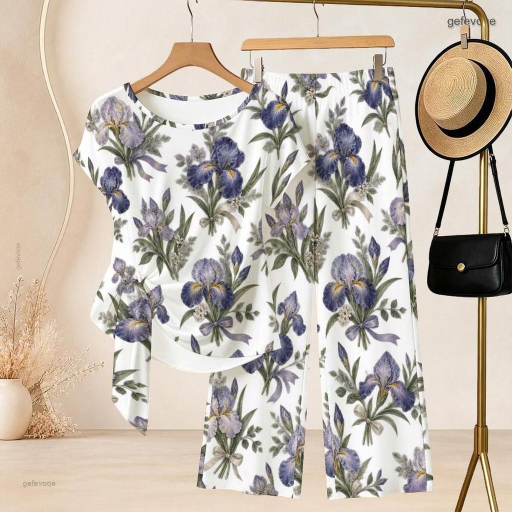 Women Plus Size Round Neck Short Sleeve Floral Printed Knot Hem Top Long Pants Two Piece Set