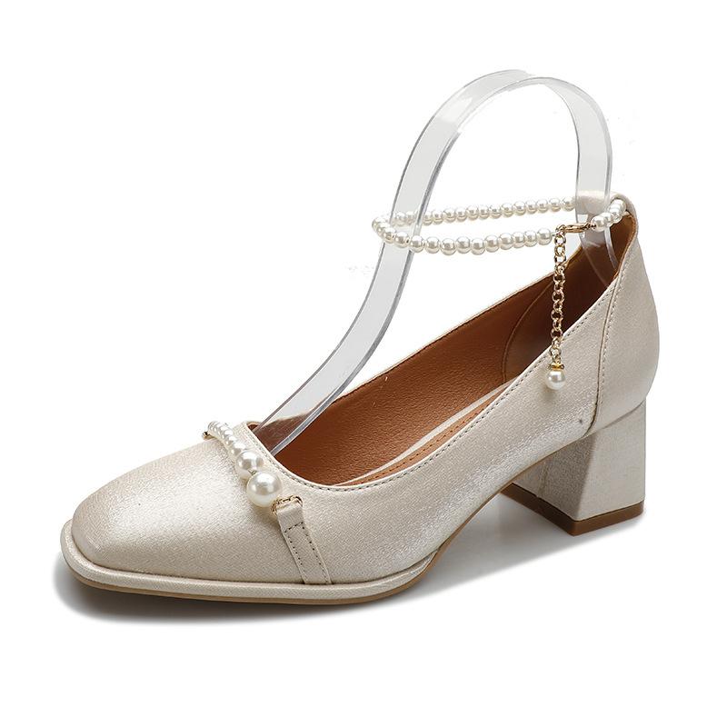 2025 новые ретро жемчужные туфли-лодочки на толстом каблуке женские с неглубоким вырезом, жемчужным ремешком Мэри Джейн, простые туфли-лодочки с квадратным носком и высоким каблуком
