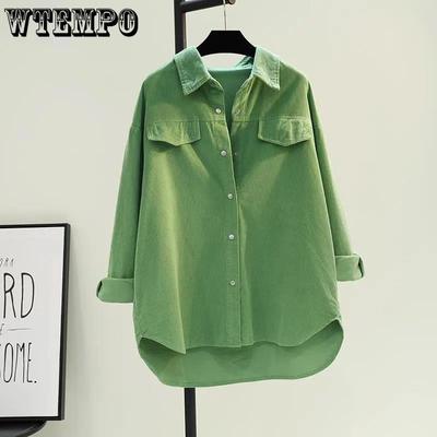 Зеленая вельветовая рубашка средней длины для женщин на весну, толстая рубашка с двумя карманами, куртка, кардиган