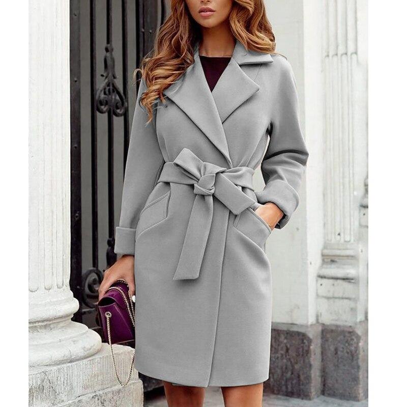 Women Autumn Winter Elegant Long Wool Coat with Belt Solid Color Long Sleeve Chic Outerwear Ladies Fashion Casual Overcoat