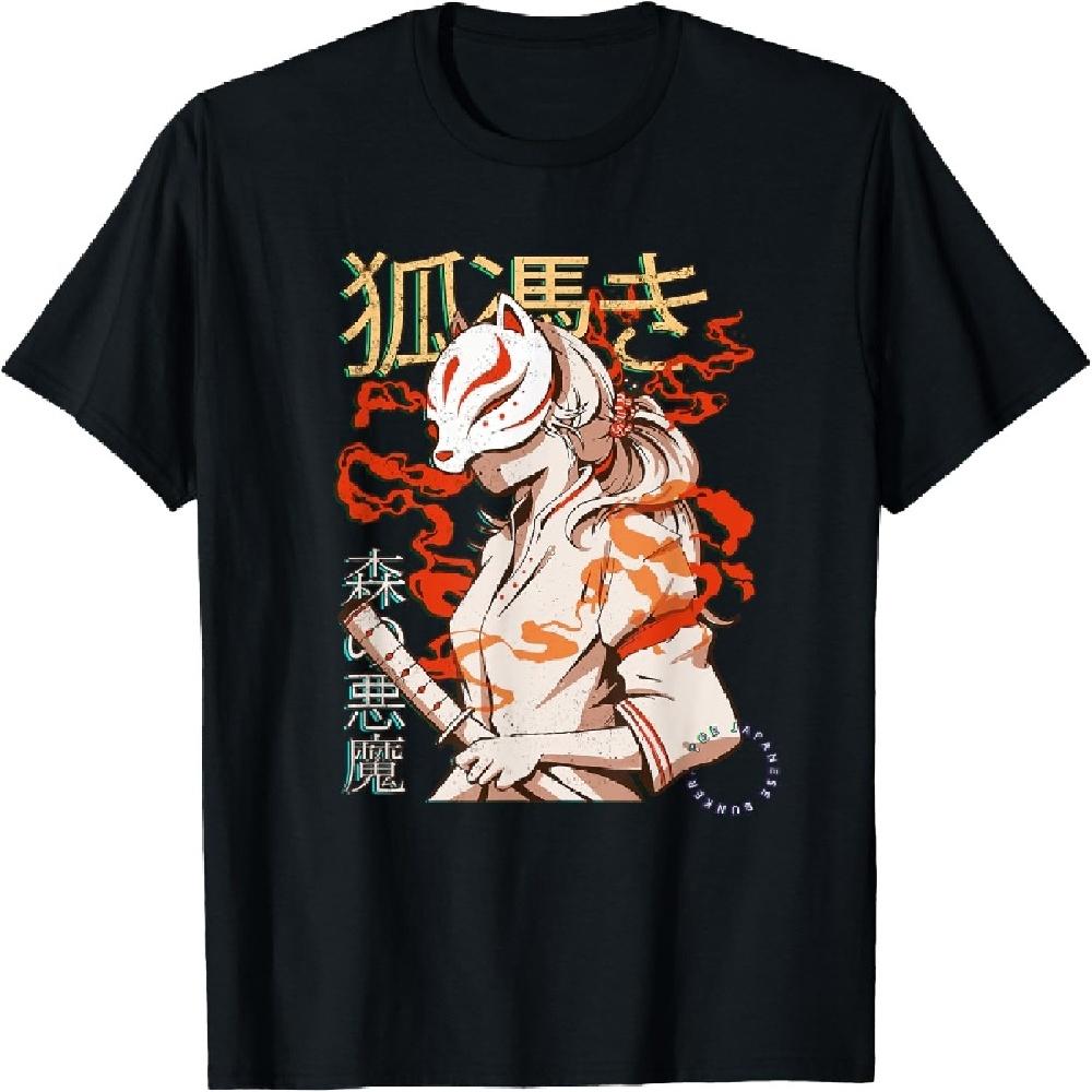Эстетичная японская маска Кабуки Кицунэ Демон Самурай Девушка Футболка