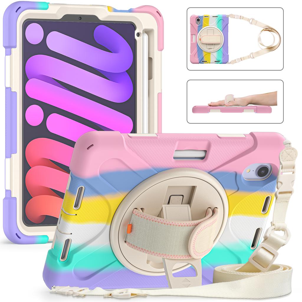 Heavy Duty Case Universal for IPad Mini 7 A17 Pro 2024 2021 8.3" Rotatable Stand Hybrid Cover with Hand Shoulder Strap, Pen Slot