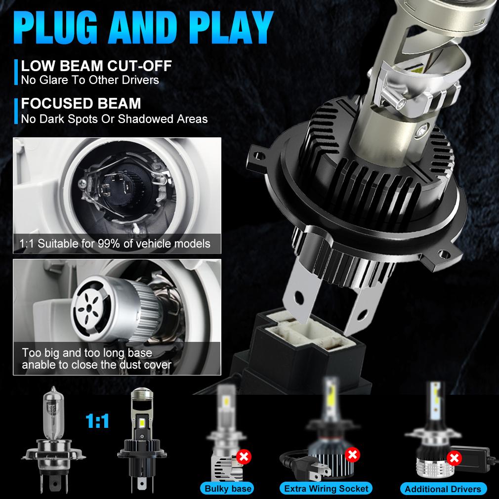 2Pcs H7 Bi Led Projector Car Headlight Bulbs 1:1 Wireless H4 LED H11 H8 9005 HB3 9006 HB4 Lens 60000Lm 80W Plug&Play Mini Auto Lamp 6500K 12V LHD