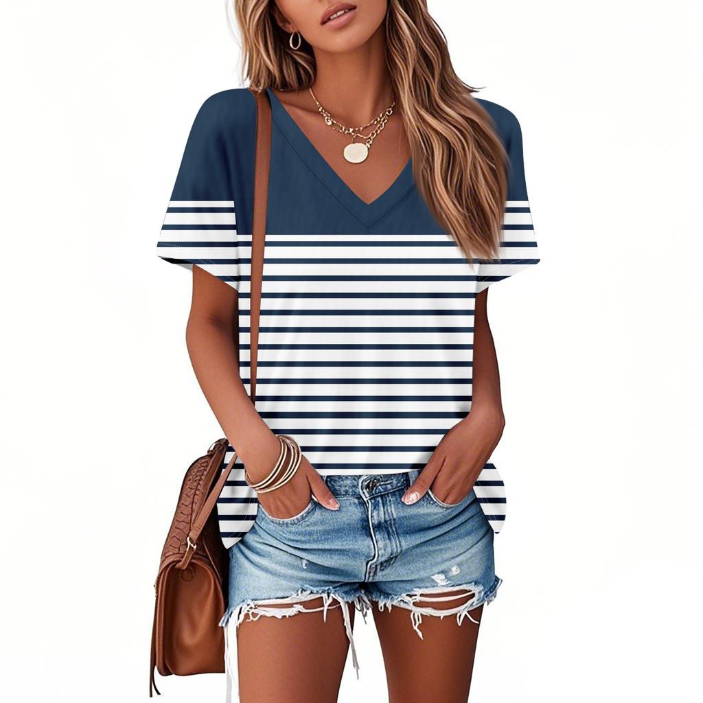 T Shirts For Women Pleated V Neck Dressy Casual Blouses Printing Short Sleeve Summer Tops Loose Fit