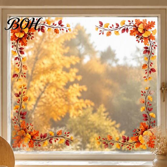 Autumn Window Clings Harvest Festival Static Glass Sticker, with Maple Leaves Sunflowers And Theme Party Decor Berries Prints, Reusable PVC Decals for