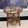 2-Tier Mandalala Floral Pattern Side Table Round Coffee Table with Vibrant Flower Design for Living Room Bedroom Side Table