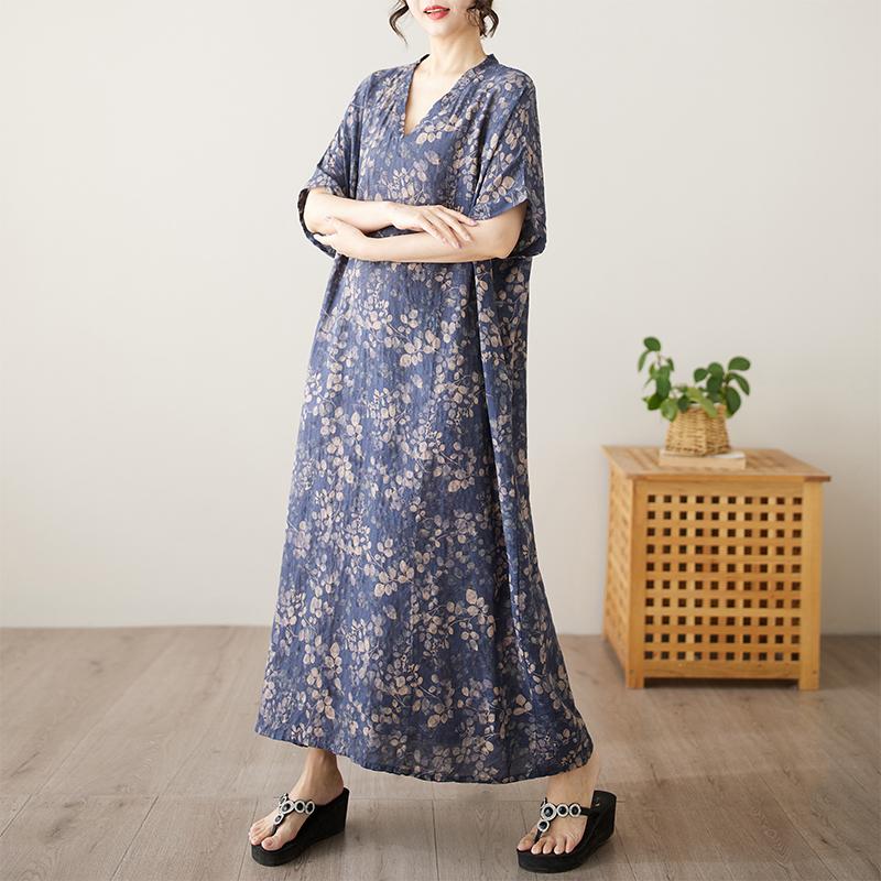 Dimanaf 2025 Лето Плюс Размер Длинное Платье Базовое Женское Повседневное Свободное Винтажное Платье Оверсайз с V-образным вырезом Новое Платье С Принтом