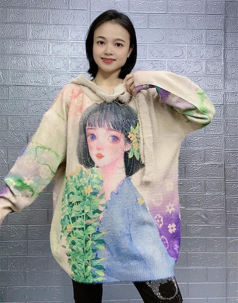 2023 Women's Chinese Print Hooded Mink Velvet Sweater, Loose Knitwear, Plus Size, Autumn/Winter Outerwear