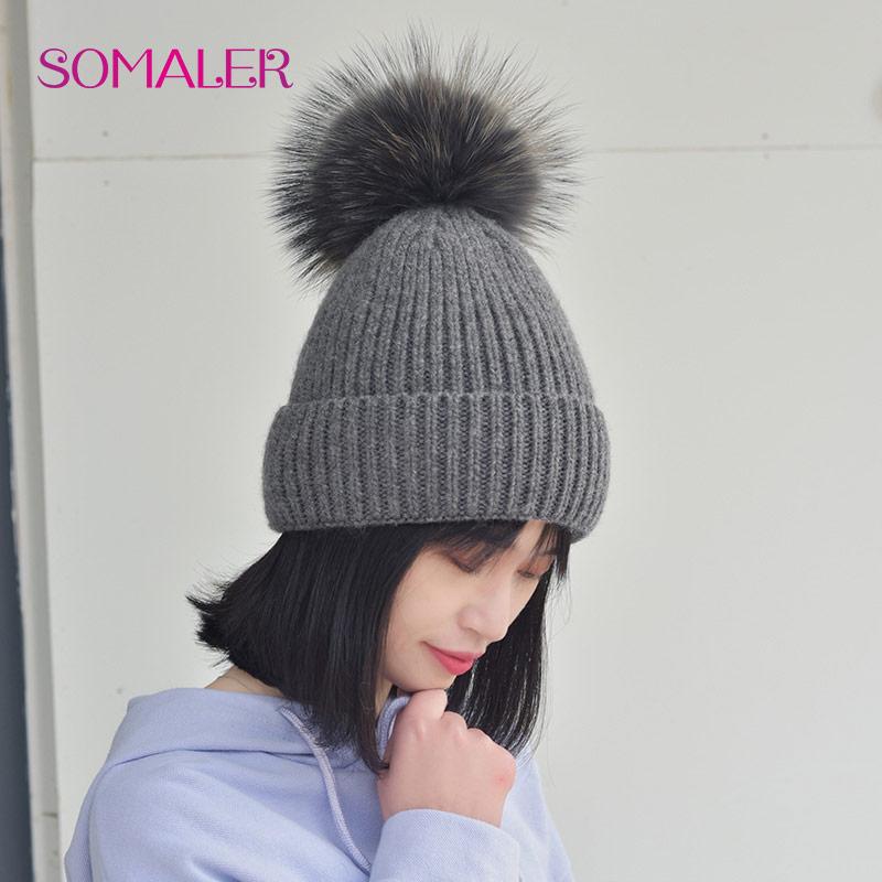 SOMALER Зимняя вязаная шерстяная шапка с меховым помпоном для девочек, женская модная пушистая теплая шапка-бини с манжетами и помпоном, женская осенне-осенняя повседневная кепка