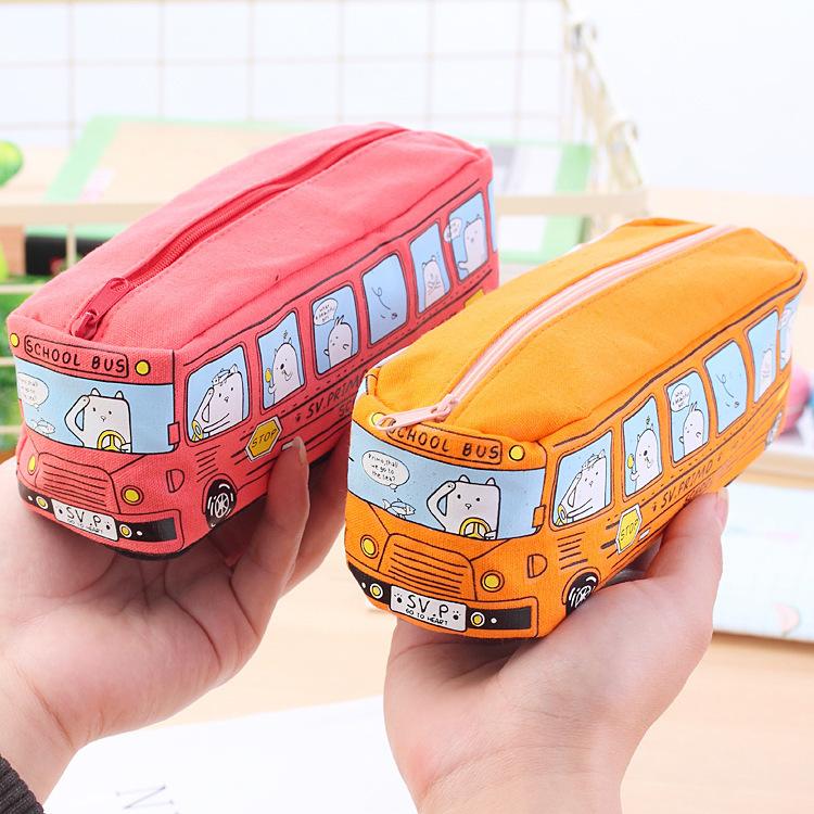 Cartoon Bus Pencil Bag Canvas Large Capacity Car Zipper Pen Pencilcase for Student Stationery School Supplies