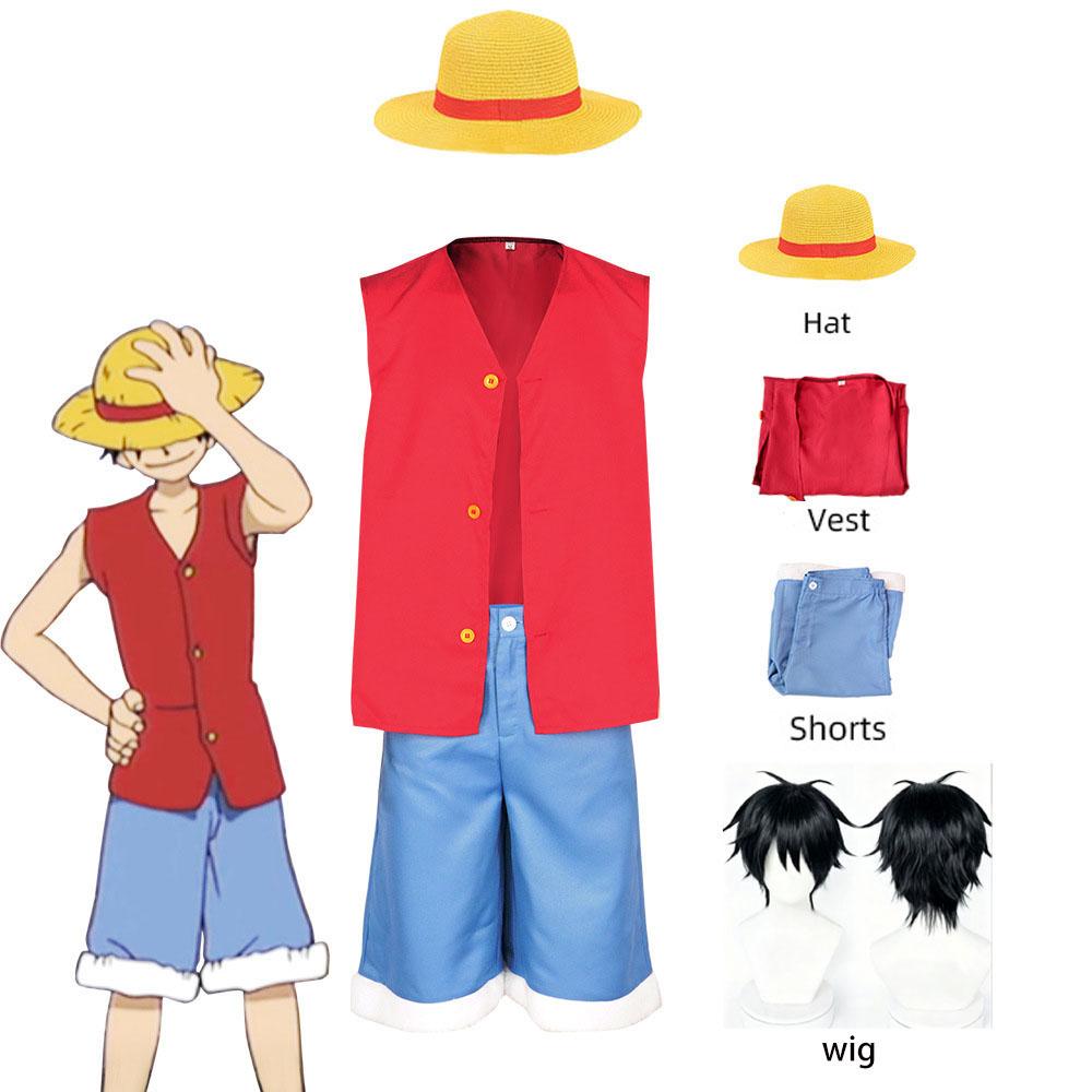 Monkey D Luffy Cosplay Outfit Anime Character Costume Red Vest Blue Shorts Straw Hat Wig Full Suit Halloween Carnival Party Wear