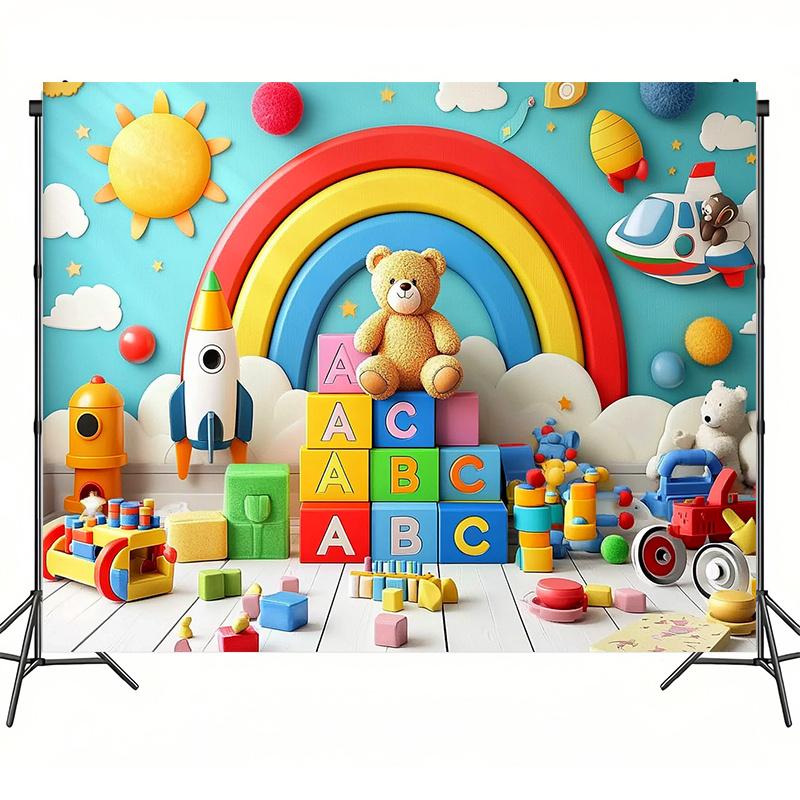 Children's room colorful rocket and teddy bear background fabric - polyester fiber, suitable for children's decoration