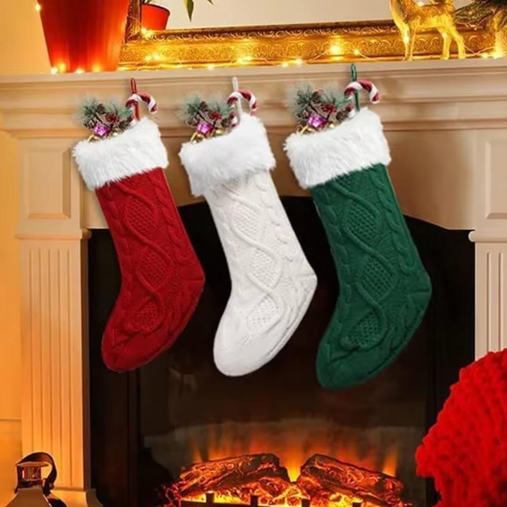 Большой вязаный рождественский чулок с пухом, елочные украшения, рождественский подарочный пакет, детский
