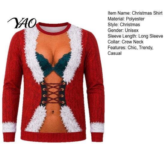 Funny Gift for Friends Christmas Shirt, Hilarious 3D Fake Corset Chest Print Crew Neck Group Holiday Wear Pullover Top, Novelty Long Sleeve