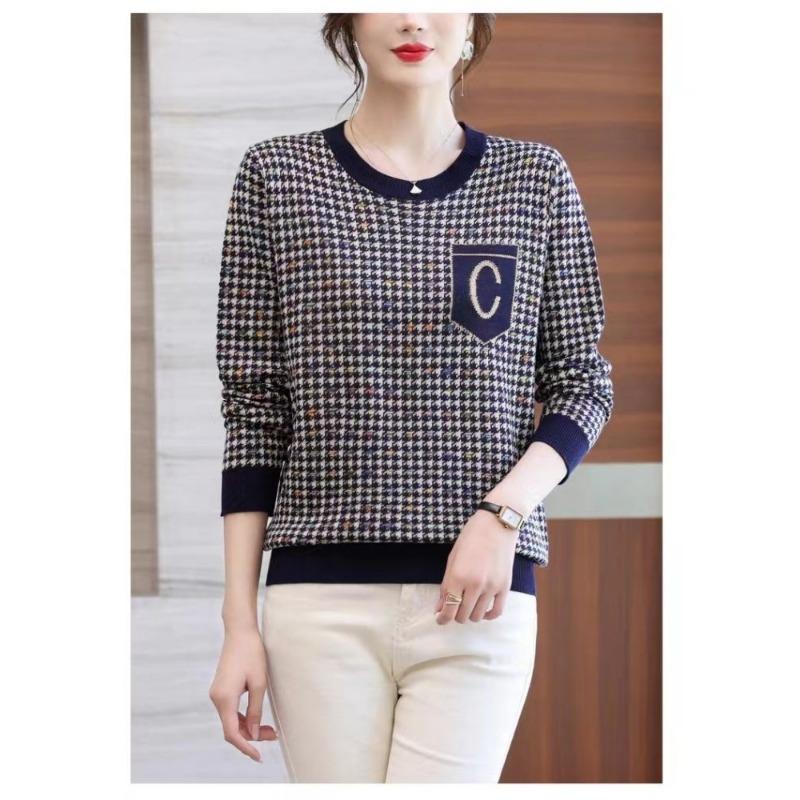 Round Neck Spring Autumn Women New Tops Middle-aged Elderly Mothers Houndstooth Plaid Sweaters