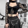 Gothic Vintage Hollow Out Velvet T Shirt Long Sleeve Lace Up Crop Tops