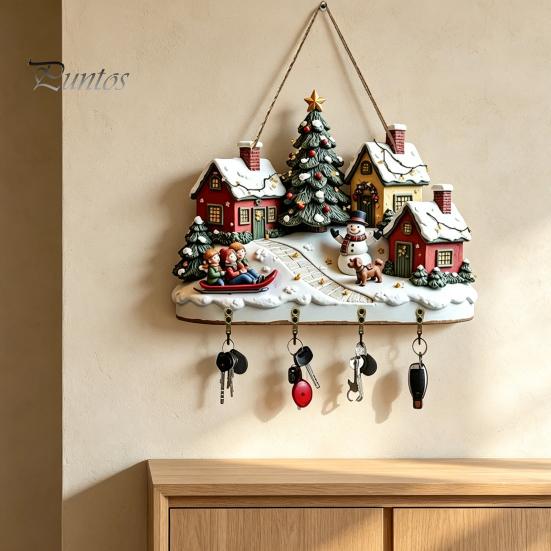 Decorative Hanging Hook for Entryway Christmas Winter Village Wooden Wall Hanging, Snow House Snowman Plaque, 4 Key Holder Mount Holder, Holiday Home