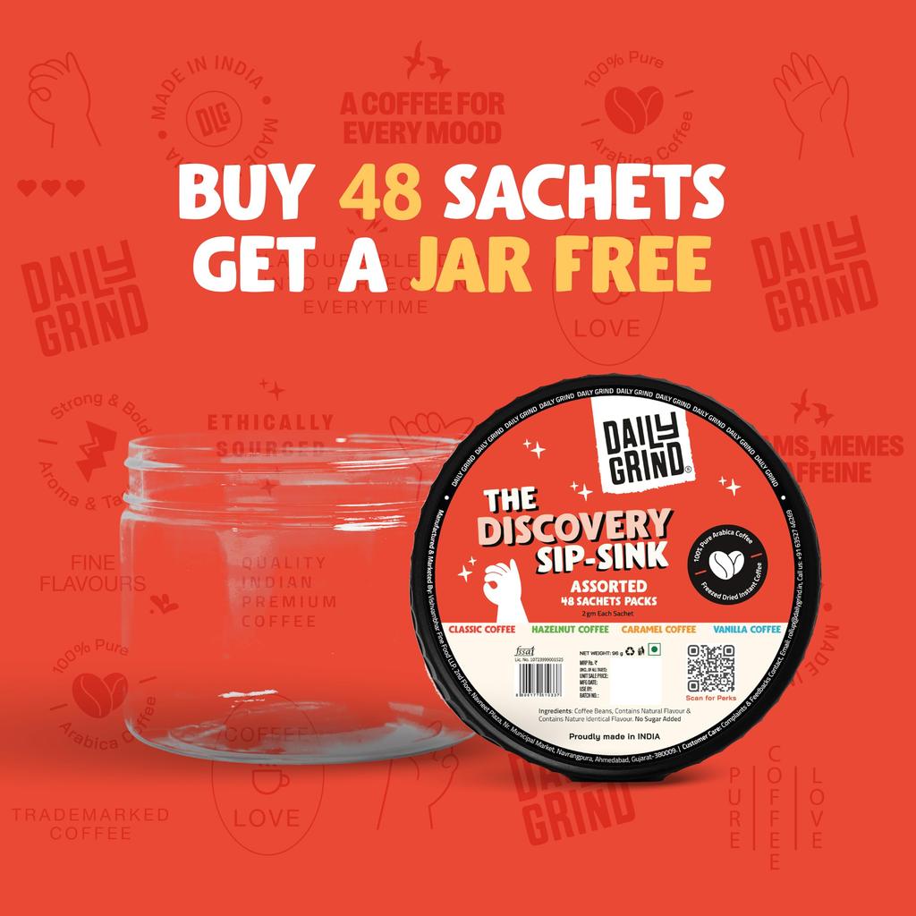 DAILYGRIND Instant Coffee Sachets - Pack of 48 | 4 Flavors (2g X 48) | Assorted Coffee Powder Sachets with Jar - Classic, Hazelnut, Vanilla