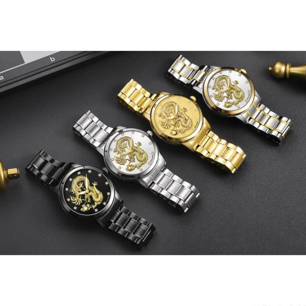 Luxury Round Quartz Rhinestone Dragon Dial Casual Wrist Watches Stainless Strap Fashionable Clock Waterproof Wristwatch for Men
