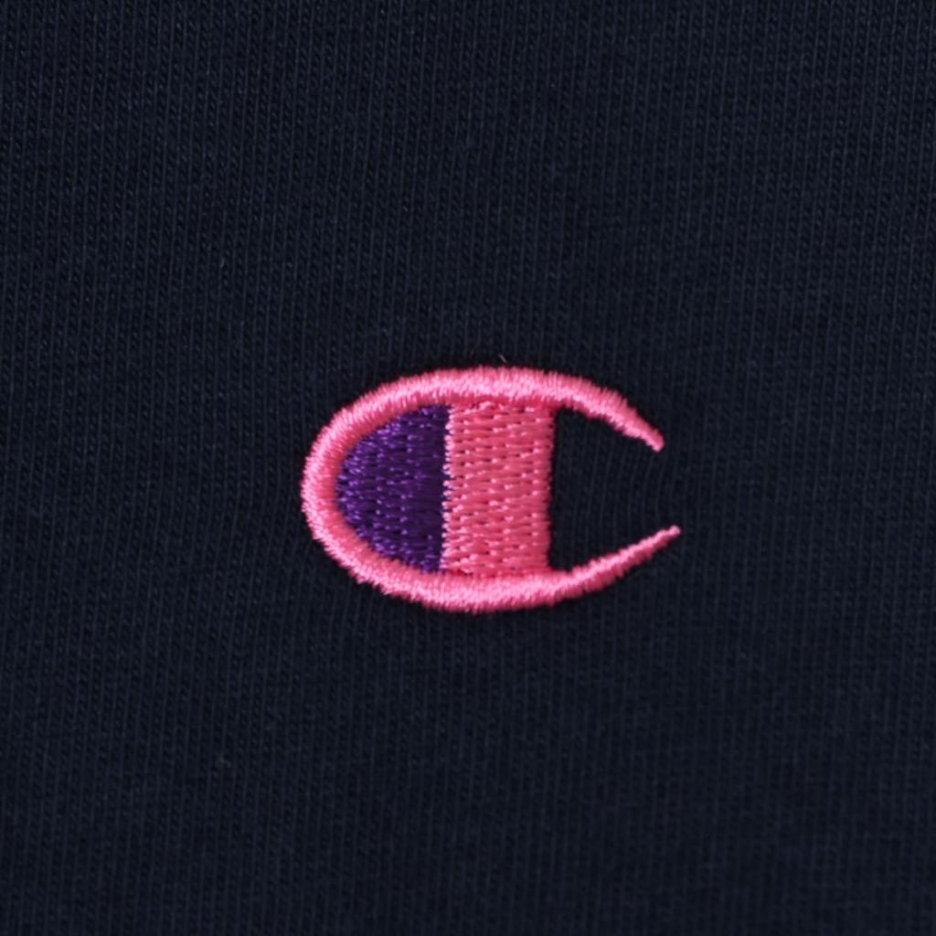 Футболка короткая круглая с логотипом в одну точку, базовая модель L [Champion], рукав, горловина, 100% хлопок, вышивка, C8-X317 Мужская, цвет темно-синий/розовый