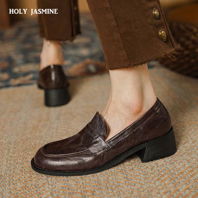 Туфли на высоком каблуке женские туфли-лодочки в стиле ретро с круглым носком из натуральной кожи весна-лето 2024 года лаконичные повседневные рабочие туфли женские лоферы новые туфли