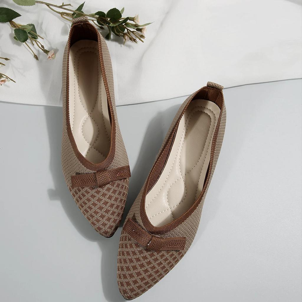 Новые женские трикотажные туфли на плоской подошве, дышащие, удобные, с бантом, повседневные, с острым носком, кроссовки для ходьбы, мокасины