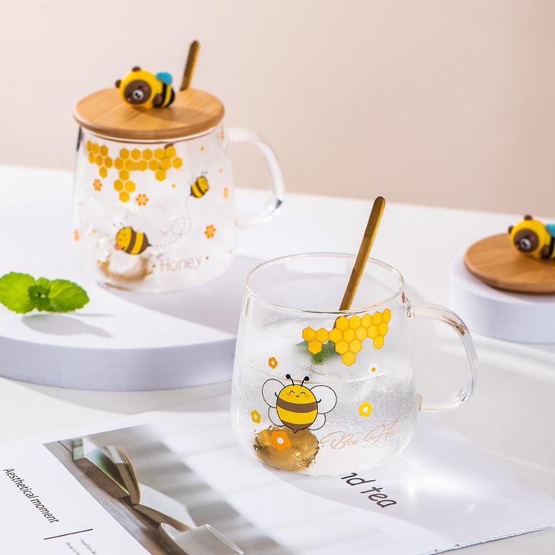 Пчела мультфильм стеклянная ложка чашка молока чашка для завтрака новогодние кружки кофейные чашки кружка красивые кружки для чая кружка с крышкой посуда для напитков оригинальная