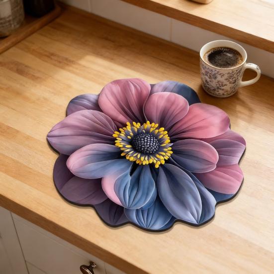 Коврик для сушки посуды Реалистичные цветочные дизайны Диатомовая земля Быстросохнущий коврик Абсорбирующий Теплоизолирующий коврик для кухонной столешницы Обеденного стола
