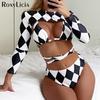 Plaid Wrap Around Long Sleeve Bikini Female Swimsuit Women Swimwear Three-pieces Bikini Set Bather Bathing Suit Swim Lady