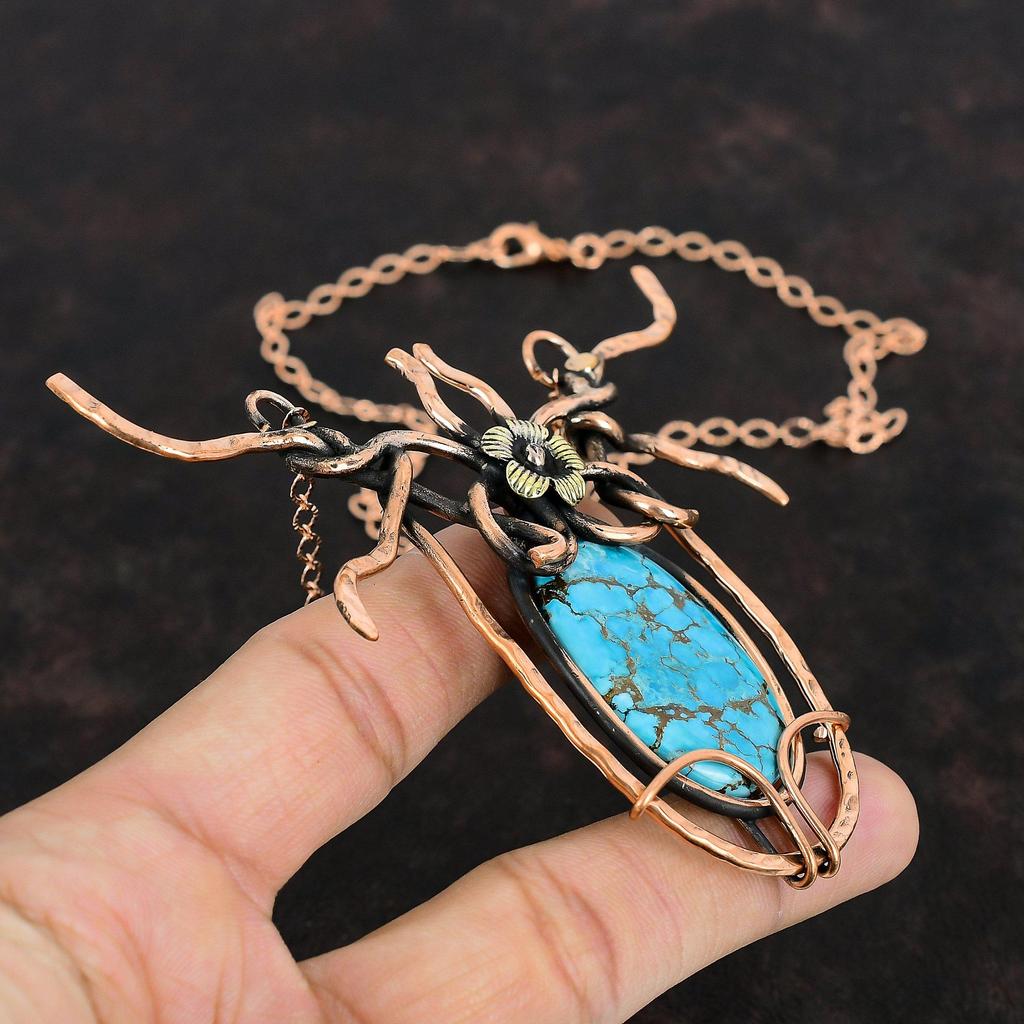 Tibetan Turquoise Copper Necklace Wire Wrapped Necklace Handmade Adjustable Chain Necklace Gemstone Copper Wire Wrap Jewelry Gifts For Women