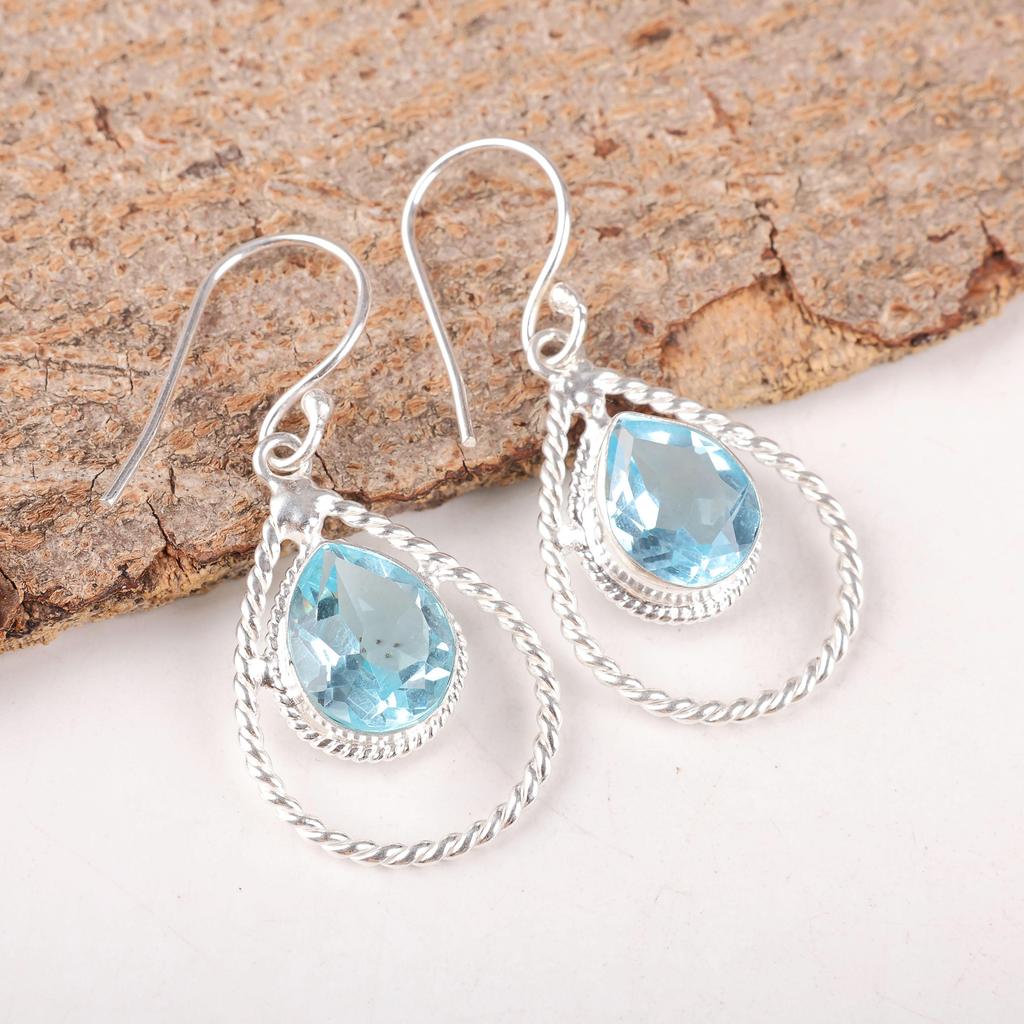 Sky Blue Topaz Earrings Gemstone Jewelry, 925 Solid Sterling Silver Earrings, Handmade Jewelry Birthstone Earrings, Gift For Mother