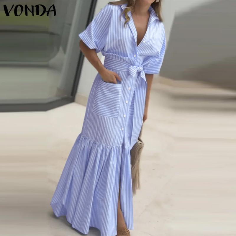 VONDA Женские элегантные полосатые платья-рубашки с коротким рукавом