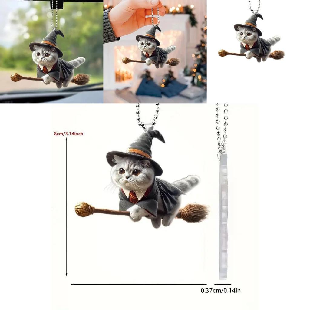Minimalist Acrylic Flat Surface Car Charm With Magical Cat Riding Broom Design For Auto Interior Decoration