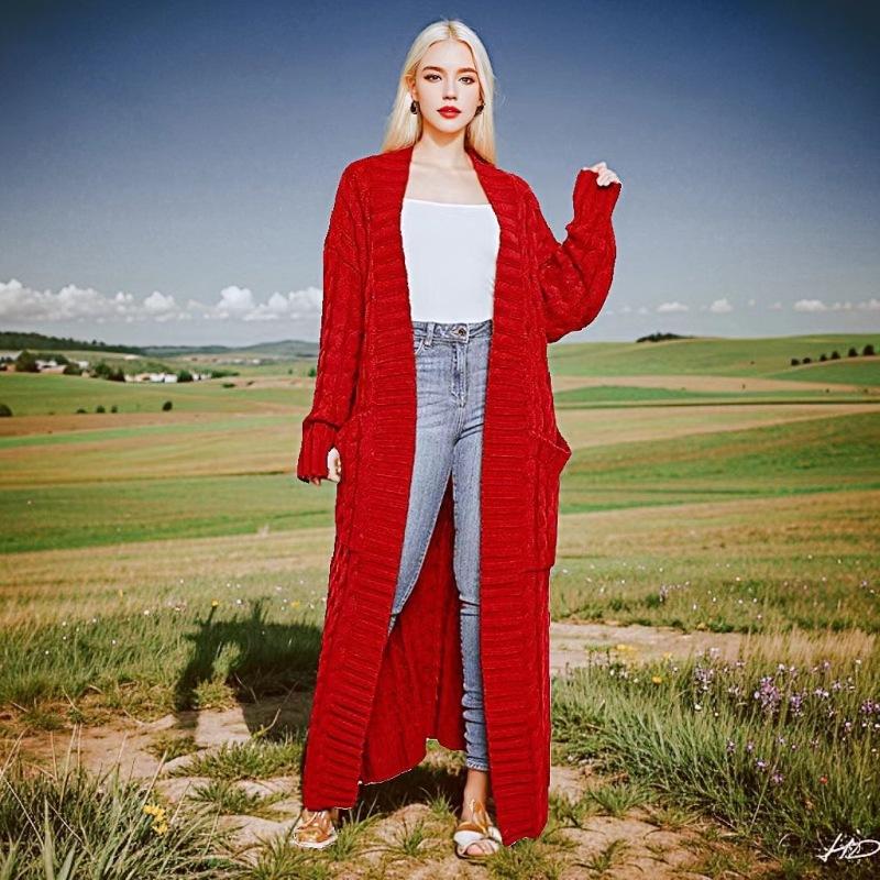 Длинный вязаный кардиган, элегантный однотонный свитер с длинными рукавами и карманами, женский