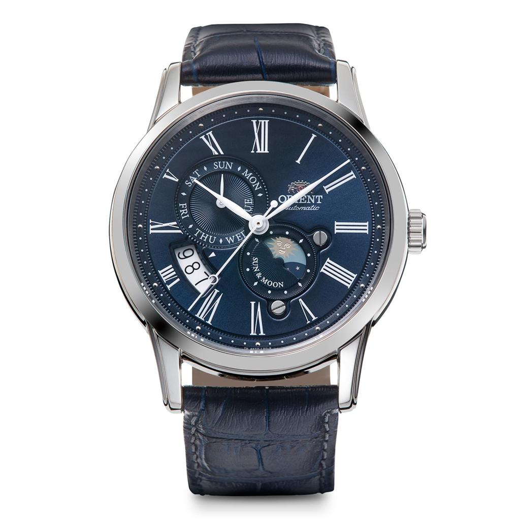 Orient Мужские часы SUN & MOON Automatic, механические, темно-синие, классический дизайн, включена внутренняя гарантия