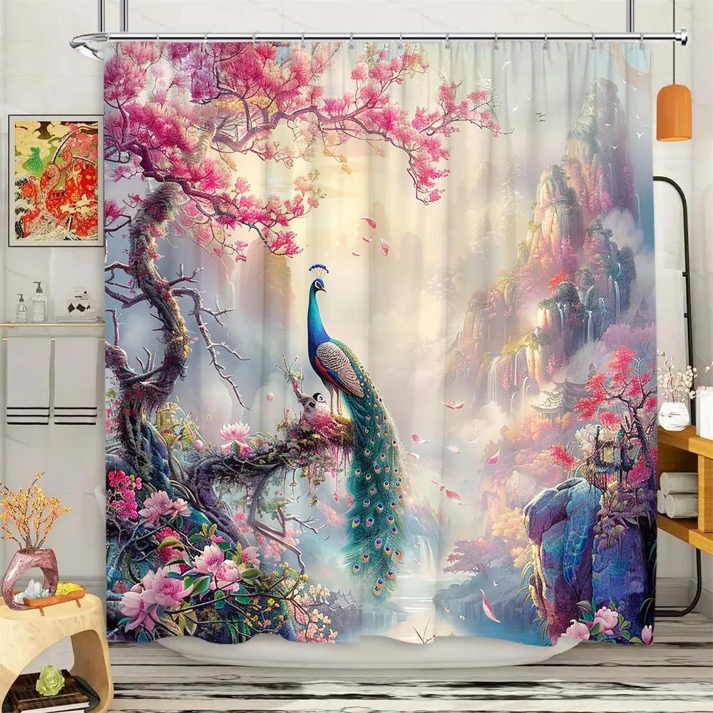 Peacock Shower Curtain Tropical Plant Flower Leaf Landscape Vintage Oil Painting Elegant Polyester Fabric Bathroom Decor Curtain